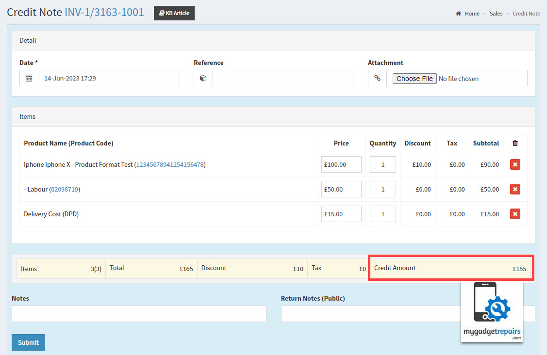 Create Credit Note in MGR